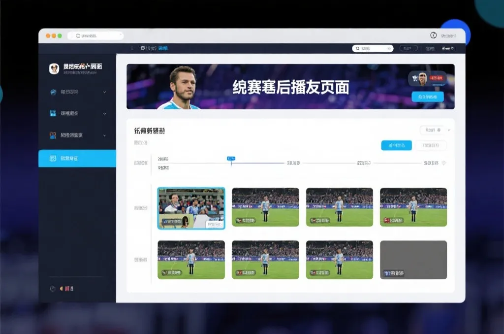比赛结束后，电视屏幕展示集锦回放页面，旁边有时间轴和多角度切换提示